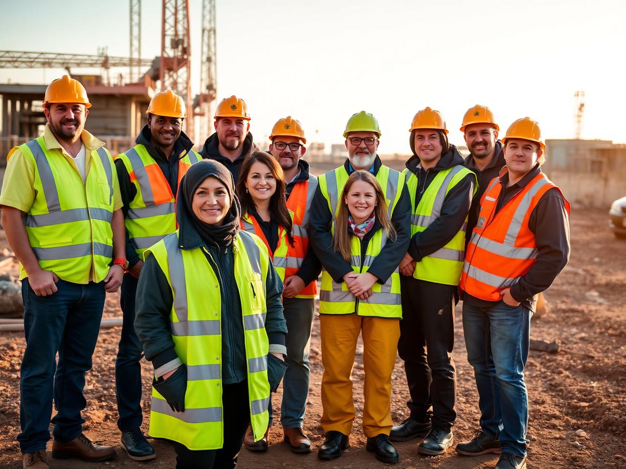 Diverse team of workers in high-visibility uniforms